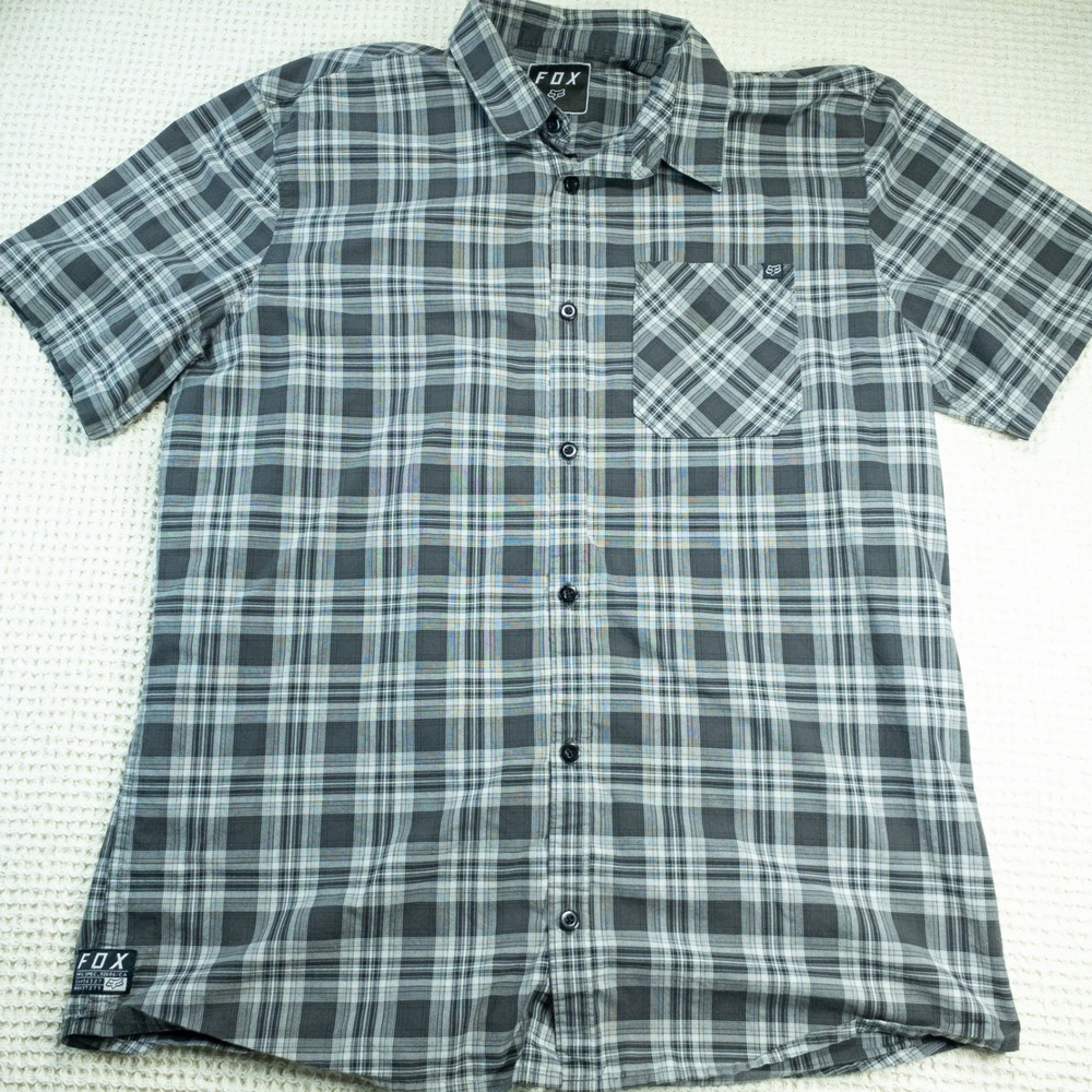 Fox Racing Mens XL Grey Plaid Short Sleeve Button Down Shirt Casual Pocket